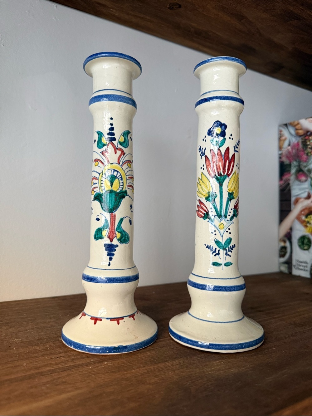 Italian Hand-Painted Ceramic Candlestick Pair in Cream with Blue Trim